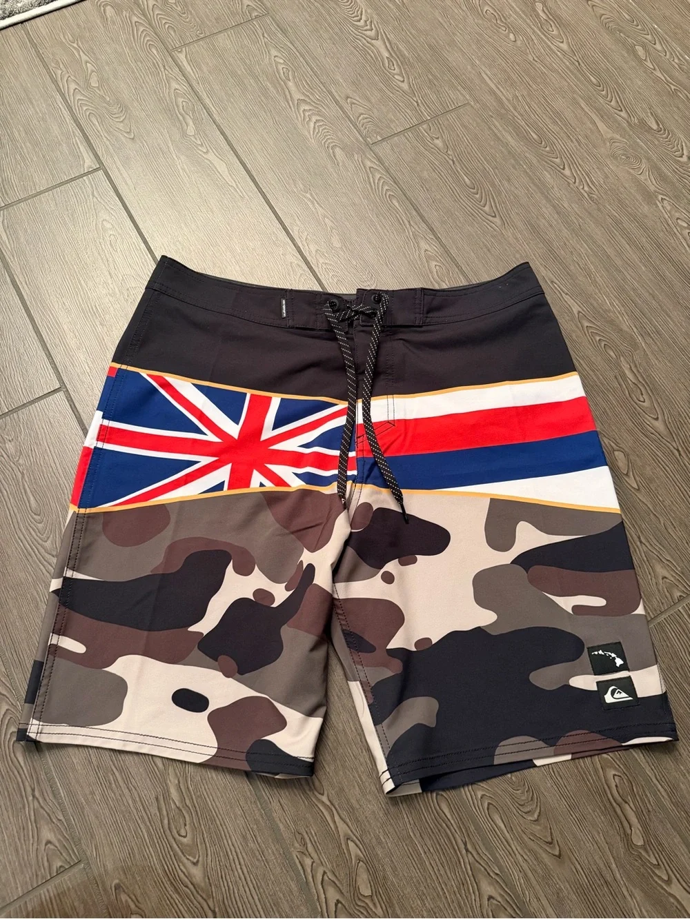 Quiksilver Men’s Camo Boardshorts with Flag Stripe - Black/Brown/Red/Blue